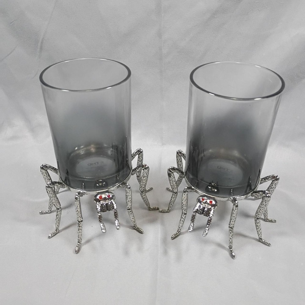Halloween Decor w/ Silver spider glass candle holders with red gem eyes